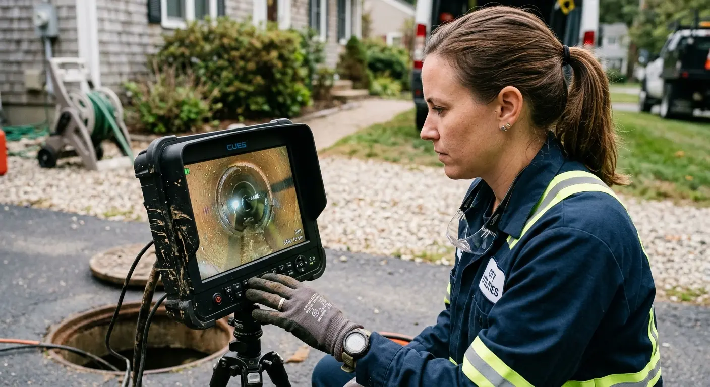 Technician reviewing sewer camera inspection footage in Felida