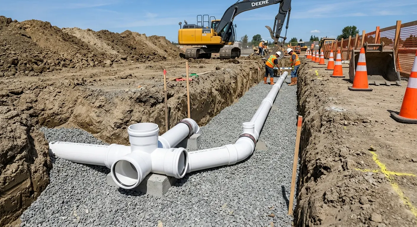 New PVC sewer pipe installation in open trench for Grease Trap Cleaning in Felida